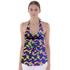 Background Pattern Geometric Pink Yellow Green Tie Back Tankini Top