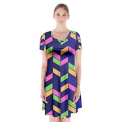 Background Pattern Geometric Pink Yellow Green Short Sleeve V-neck Flare Dress