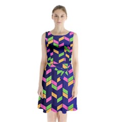 Background Pattern Geometric Pink Yellow Green Sleeveless Waist Tie Chiffon Dress