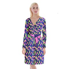 Background Pattern Geometric Pink Yellow Green Long Sleeve Velvet Front Wrap Dress