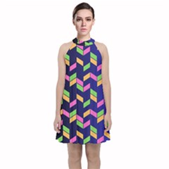 Background Pattern Geometric Pink Yellow Green Velvet Halter Neckline Dress 