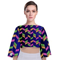 Background Pattern Geometric Pink Yellow Green Tie Back Butterfly Sleeve Chiffon Top