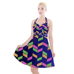 Background Pattern Geometric Pink Yellow Green Halter Party Swing Dress 