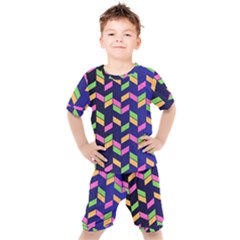 Background Pattern Geometric Pink Yellow Green Kids  T-shirt And Shorts Set