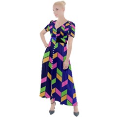 Background Pattern Geometric Pink Yellow Green Button Up Short Sleeve Maxi Dress