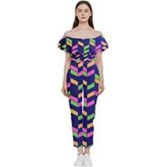 Background Pattern Geometric Pink Yellow Green Bardot Ruffle Jumpsuit by Maspions