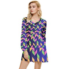 Background Pattern Geometric Pink Yellow Green Tiered Long Sleeve Mini Dress by Maspions