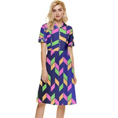 Background Pattern Geometric Pink Yellow Green Button Top Knee Length Dress