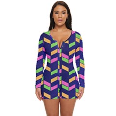 Background Pattern Geometric Pink Yellow Green Long Sleeve Boyleg Swimsuit