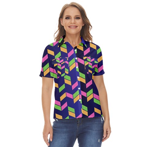 Background Pattern Geometric Pink Yellow Green Women s Short Sleeve Double Pocket Shirt by Maspions