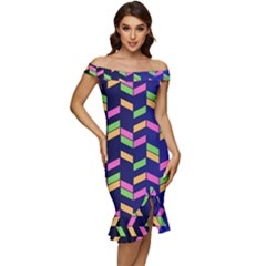 Background Pattern Geometric Pink Yellow Green Off Shoulder Ruffle Split Hem Bodycon Dress