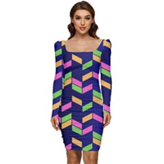 Background Pattern Geometric Pink Yellow Green Women Long Sleeve Ruched Stretch Jersey Dress