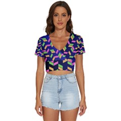 Background Pattern Geometric Pink Yellow Green V-neck Crop Top by Maspions