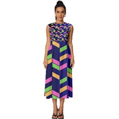 Background Pattern Geometric Pink Yellow Green Sleeveless Round Neck Midi Dress