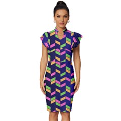 Background Pattern Geometric Pink Yellow Green Vintage Frill Sleeve V-neck Bodycon Dress by Maspions