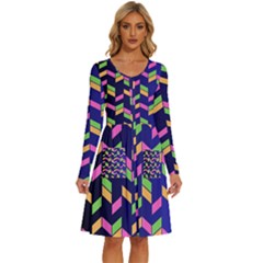 Background Pattern Geometric Pink Yellow Green Long Sleeve Dress With Pocket