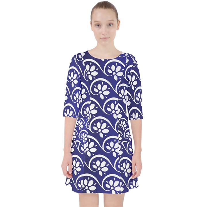 Pattern Floral Flowers Leaves Botanical Quarter Sleeve Pocket Dress