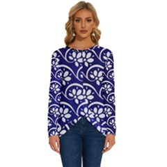 Pattern Floral Flowers Leaves Botanical Long Sleeve Crew Neck Pullover Top