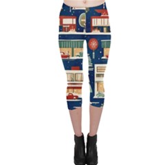 Cars Snow City Landscape Vintage Old Time Retro Pattern Capri Leggings  by Maspions