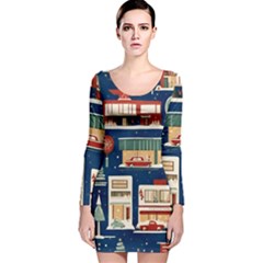 Cars Snow City Landscape Vintage Old Time Retro Pattern Long Sleeve Velvet Bodycon Dress