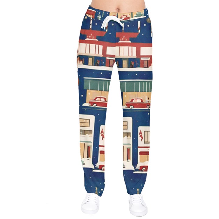 Cars Snow City Landscape Vintage Old Time Retro Pattern Women Velvet Drawstring Pants