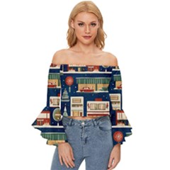 Cars Snow City Landscape Vintage Old Time Retro Pattern Off Shoulder Flutter Bell Sleeve Top