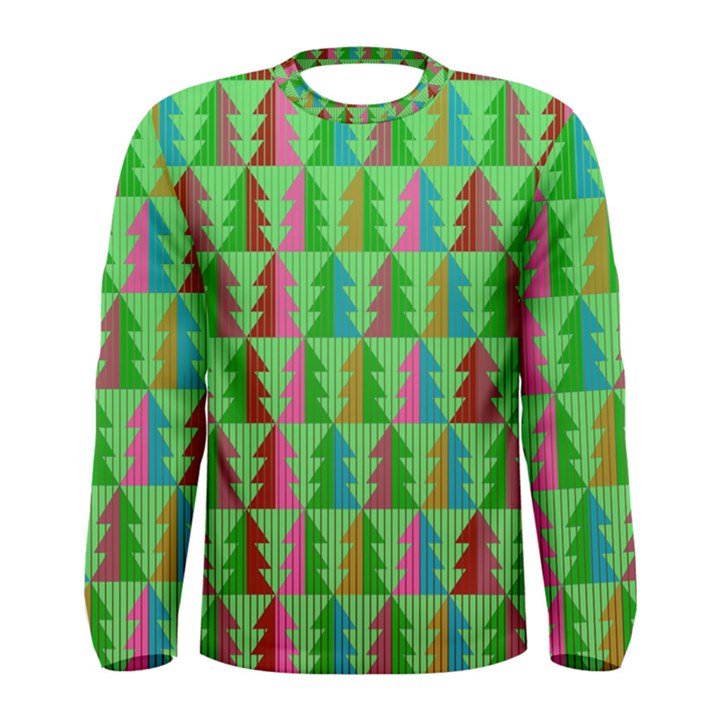 Trees Pattern Retro Pink Red Yellow Holidays Advent Christmas Men s Long Sleeve T-Shirt