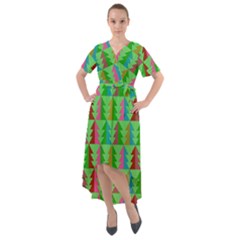 Trees Pattern Retro Pink Red Yellow Holidays Advent Christmas Front Wrap High Low Dress by Maspions