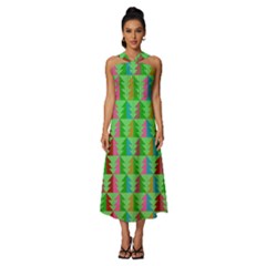 Trees Pattern Retro Pink Red Yellow Holidays Advent Christmas Sleeveless Cross Front Cocktail Midi Chiffon Dress