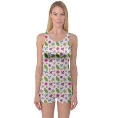 Pattern Flowers Leaves Green Purple Pink One Piece Boyleg Swimsuit