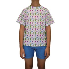 Pattern Flowers Leaves Green Purple Pink Kids  Short Sleeve Swimwear by Maspions