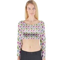 Pattern Flowers Leaves Green Purple Pink Long Sleeve Crop Top