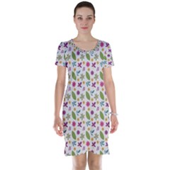 Pattern Flowers Leaves Green Purple Pink Short Sleeve Nightdress