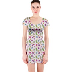 Pattern Flowers Leaves Green Purple Pink Short Sleeve Bodycon Dress