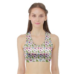 Pattern Flowers Leaves Green Purple Pink Sports Bra With Border