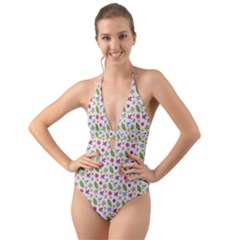 Pattern Flowers Leaves Green Purple Pink Halter Cut-out One Piece Swimsuit