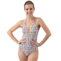 Pattern Flowers Leaves Green Purple Pink Halter Cut-Out One Piece Swimsuit View1