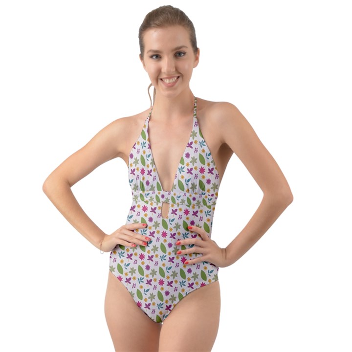 Pattern Flowers Leaves Green Purple Pink Halter Cut-Out One Piece Swimsuit