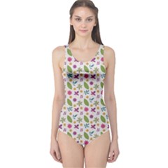 Pattern Flowers Leaves Green Purple Pink One Piece Swimsuit