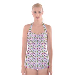 Pattern Flowers Leaves Green Purple Pink Boyleg Halter Swimsuit  by Maspions