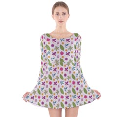 Pattern Flowers Leaves Green Purple Pink Long Sleeve Velvet Skater Dress