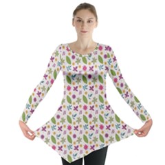 Pattern Flowers Leaves Green Purple Pink Long Sleeve Tunic  by Maspions