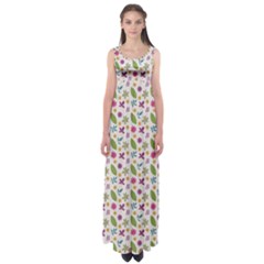 Pattern Flowers Leaves Green Purple Pink Empire Waist Maxi Dress