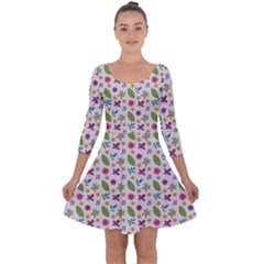 Pattern Flowers Leaves Green Purple Pink Quarter Sleeve Skater Dress