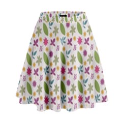 Pattern Flowers Leaves Green Purple Pink High Waist Skirt