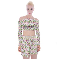 Pattern Flowers Leaves Green Purple Pink Off Shoulder Top With Mini Skirt Set