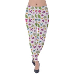 Pattern Flowers Leaves Green Purple Pink Velvet Leggings