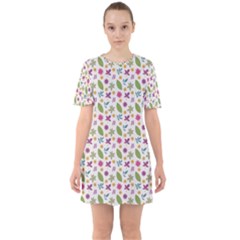 Pattern Flowers Leaves Green Purple Pink Sixties Short Sleeve Mini Dress