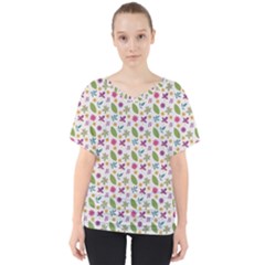 Pattern Flowers Leaves Green Purple Pink V-neck Dolman Drape Top