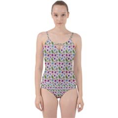 Pattern Flowers Leaves Green Purple Pink Cut Out Top Tankini Set